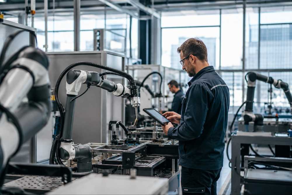 Especilialista supervisando cobot soldador