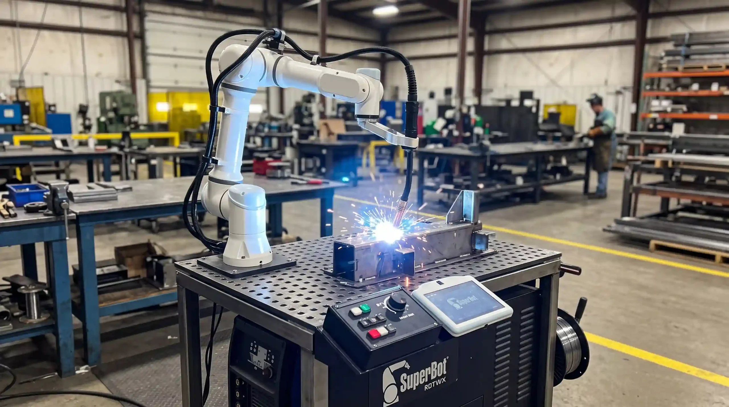 Cobot soldador automatizando su trabajo de soldadura dentro de una fábrica
