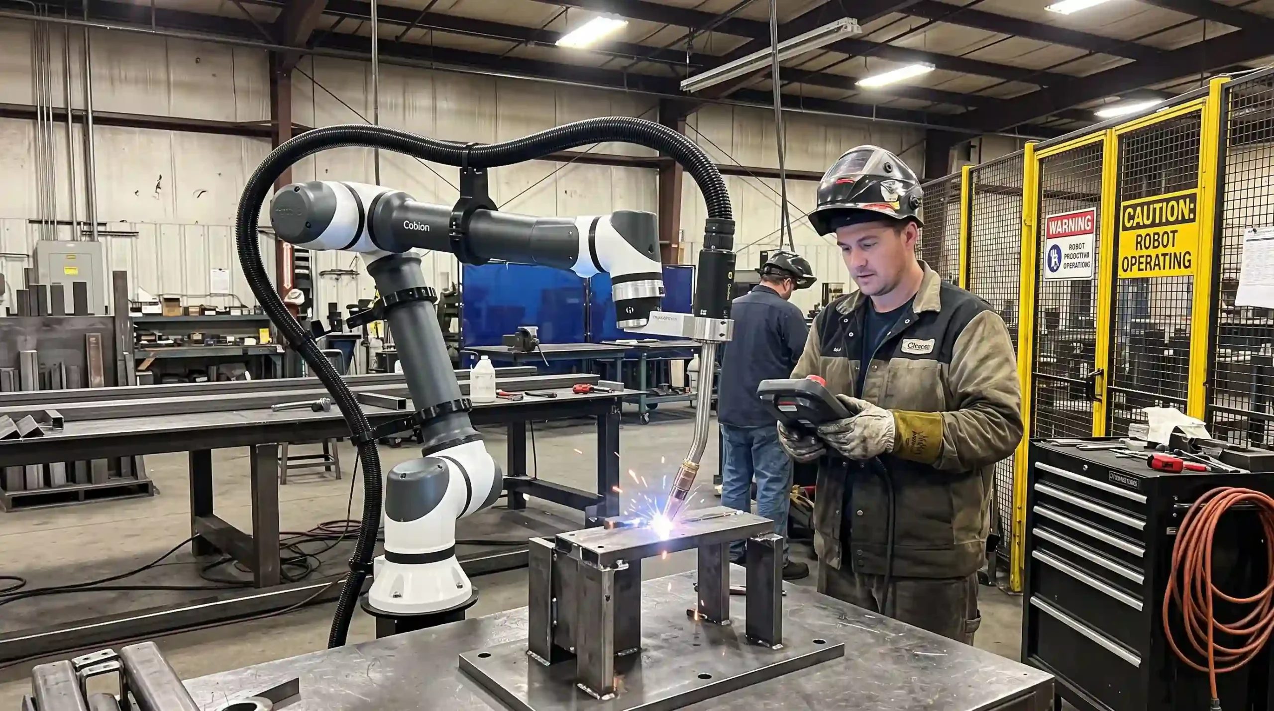 Robot soldador realizando una soldadura, supervisada por un técnico dentro de una fábrica.