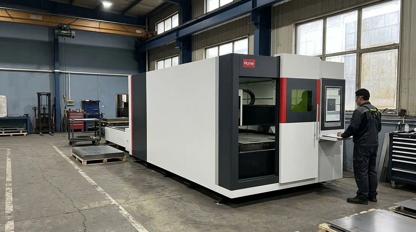 Máquina de corte láser para láminas metálicas dentro de una fábrica