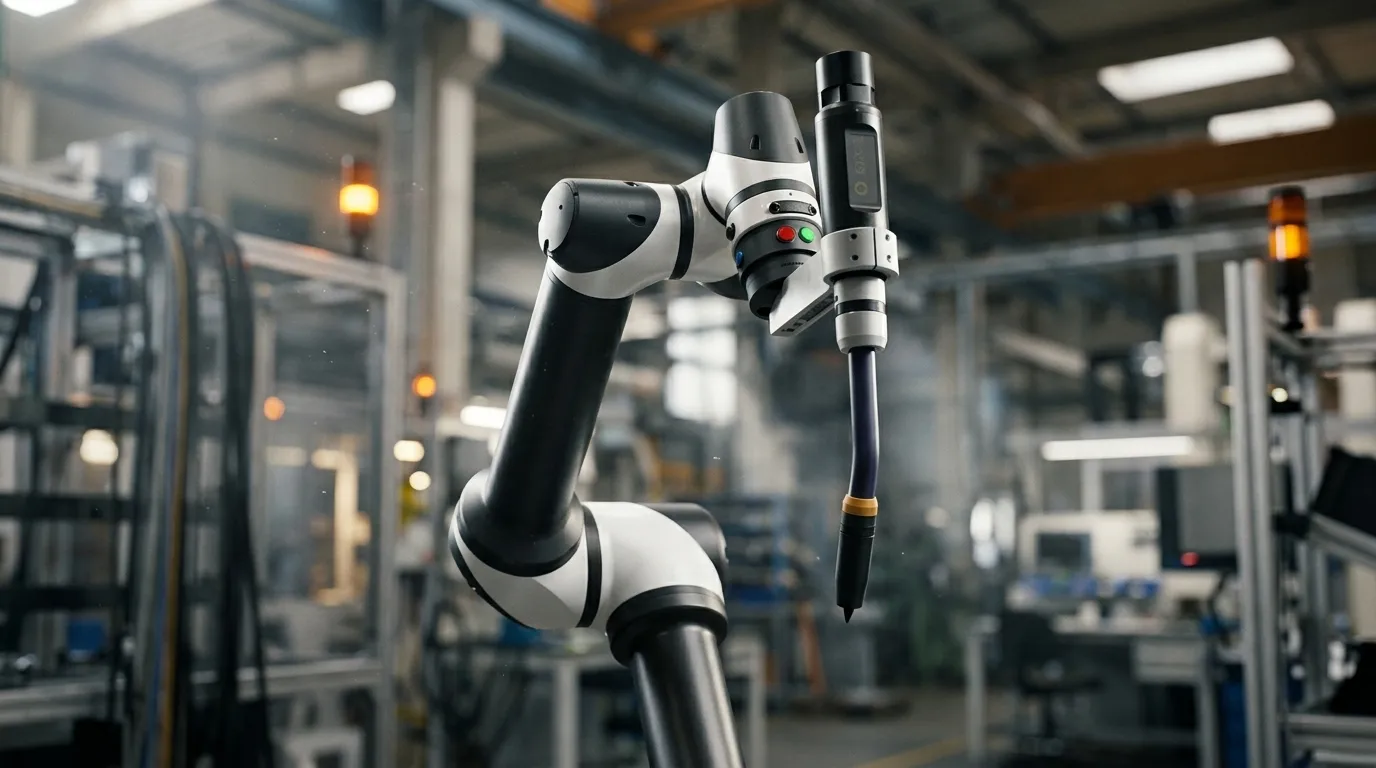 Cobot soldador operando dentro de una fábrica