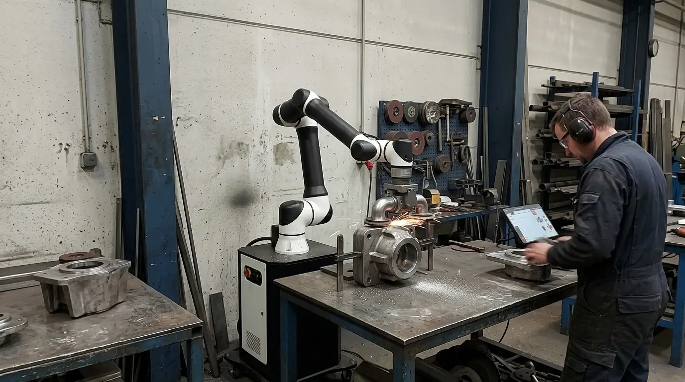 Operario revisando que el sistema de automatización de COBOT funcione dentro de una fábrica